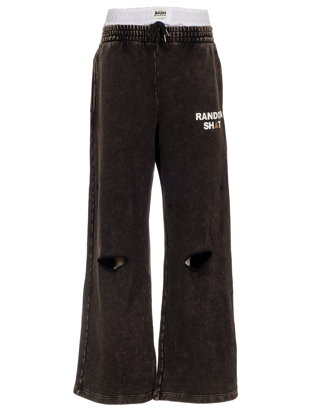 Black track pants with the text 'RANDOM SH*T' written across the left leg, waistband, and a small brand logo on the upper left thigh.