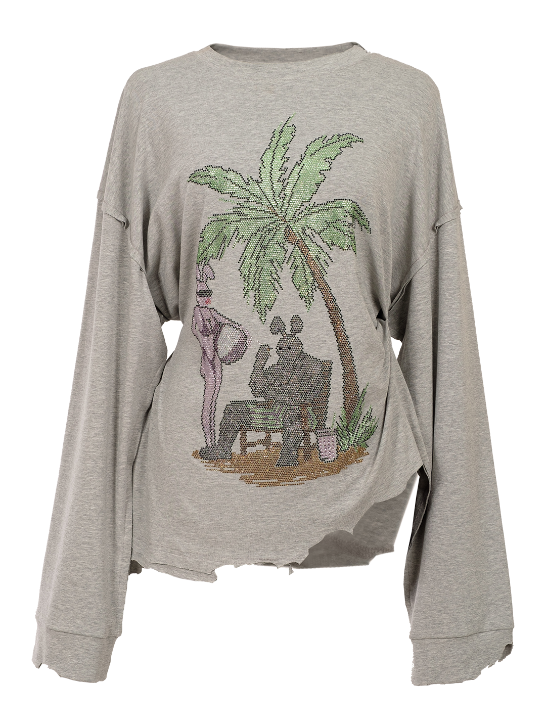 RHINESTONES EMBELLISHED DRAPED COTTON LS T-SHIRT