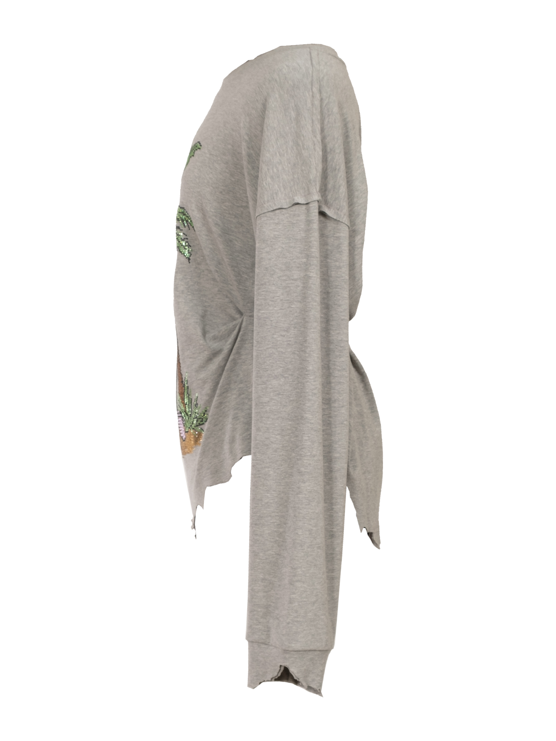 RHINESTONES EMBELLISHED DRAPED COTTON LS T-SHIRT