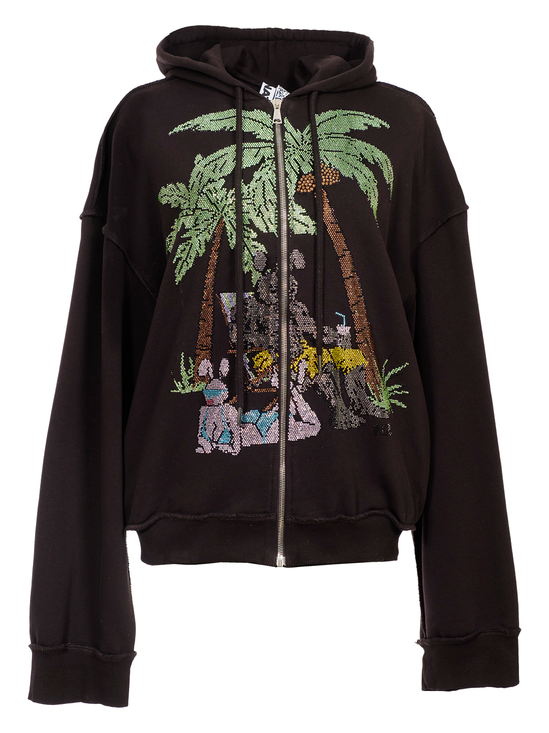 RHINESTONES ZIP-UP HOODIE BLACK