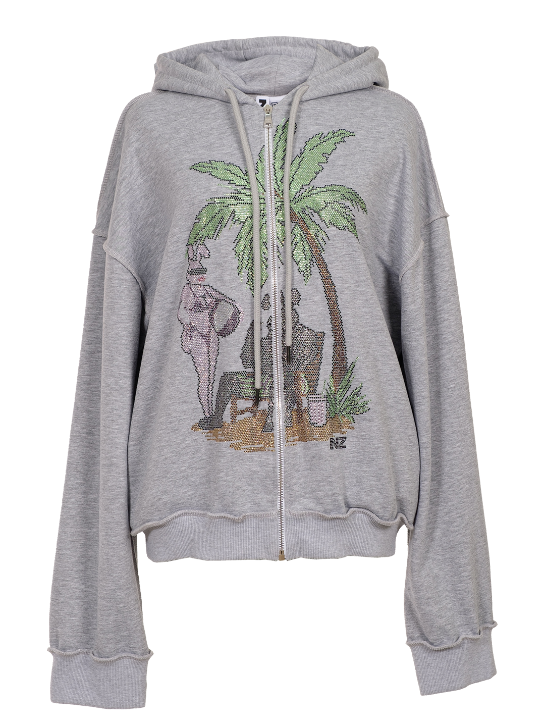 RHINESTONES ZIP-UP HOODIE GREY