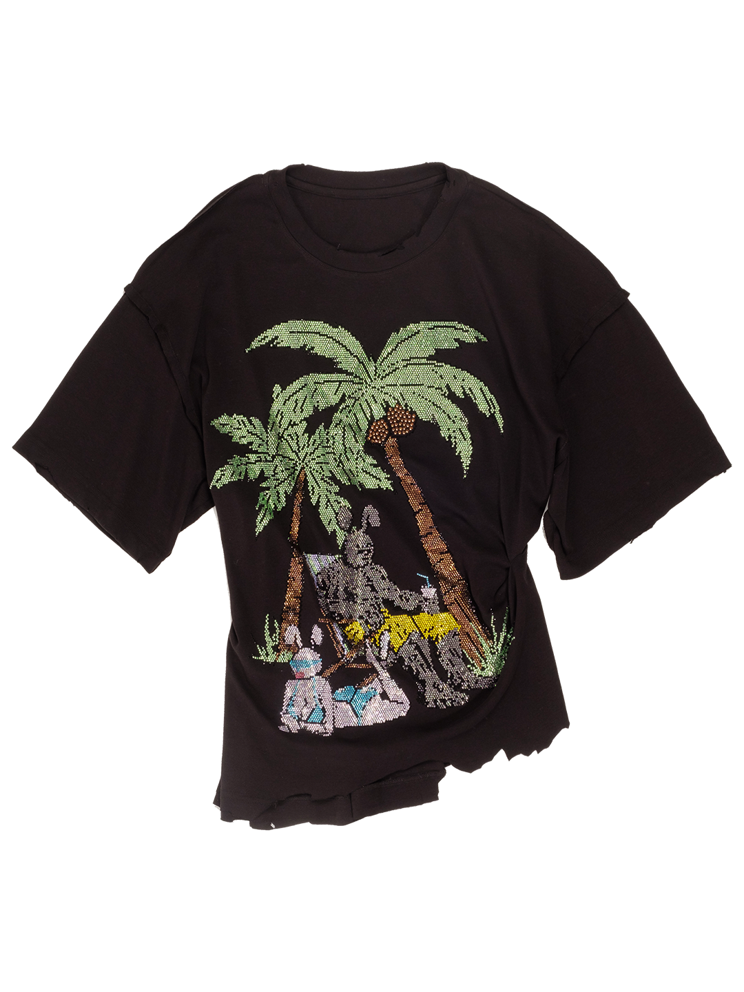 RHINESTONES EMBELLISHED DRAPED COTTON T-SHIRT