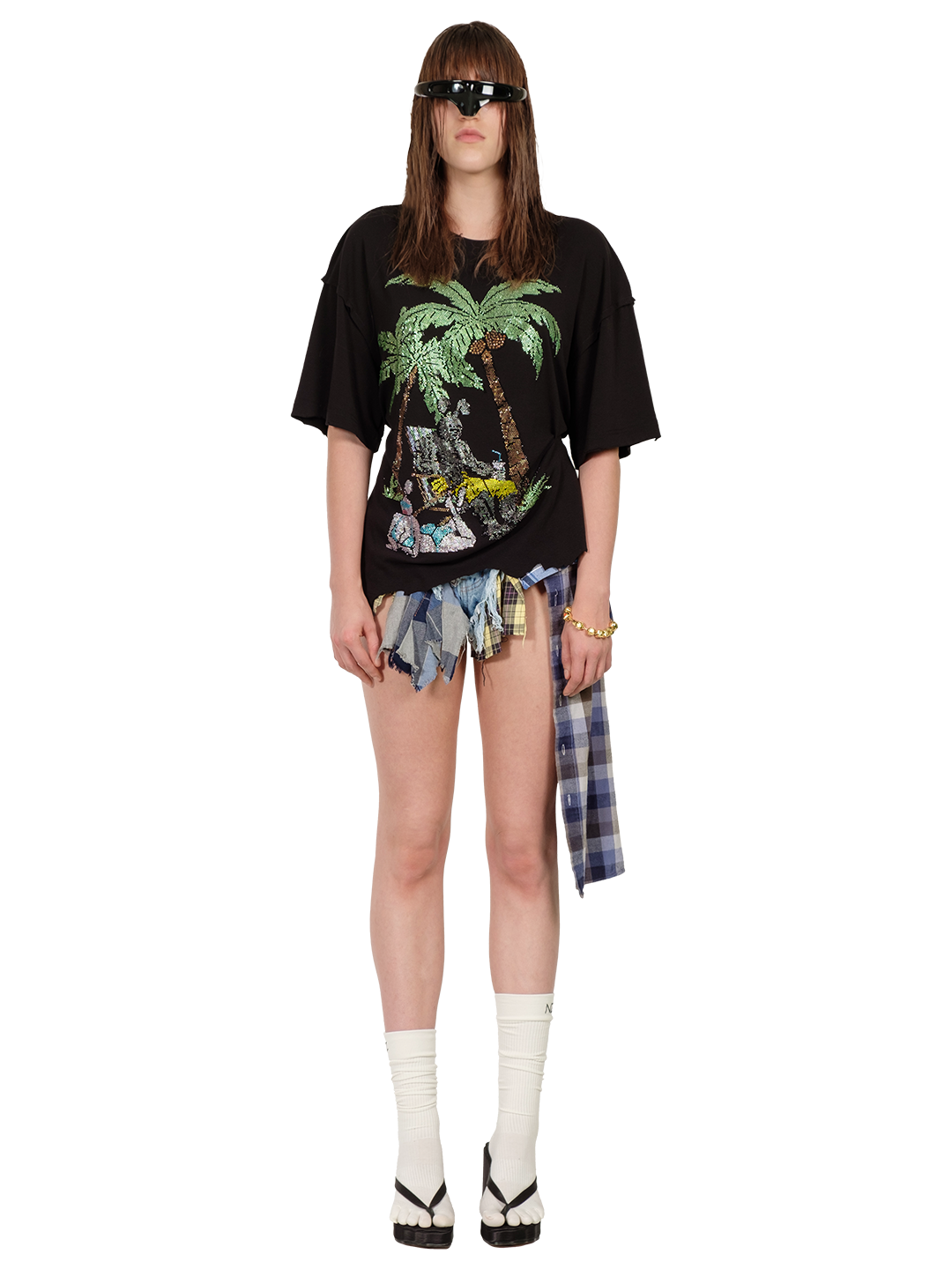 RHINESTONES EMBELLISHED DRAPED COTTON T-SHIRT